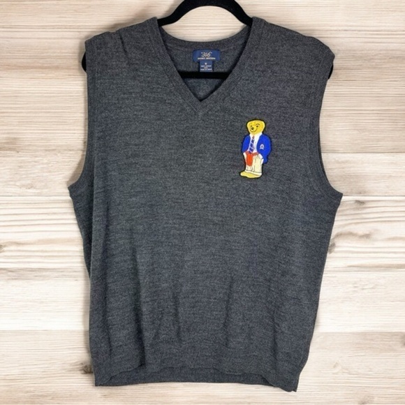 Brooks Brothers Sleeveless Merino Wool Grey Vest V-neck Polo Bear size M - Picture 1 of 9
